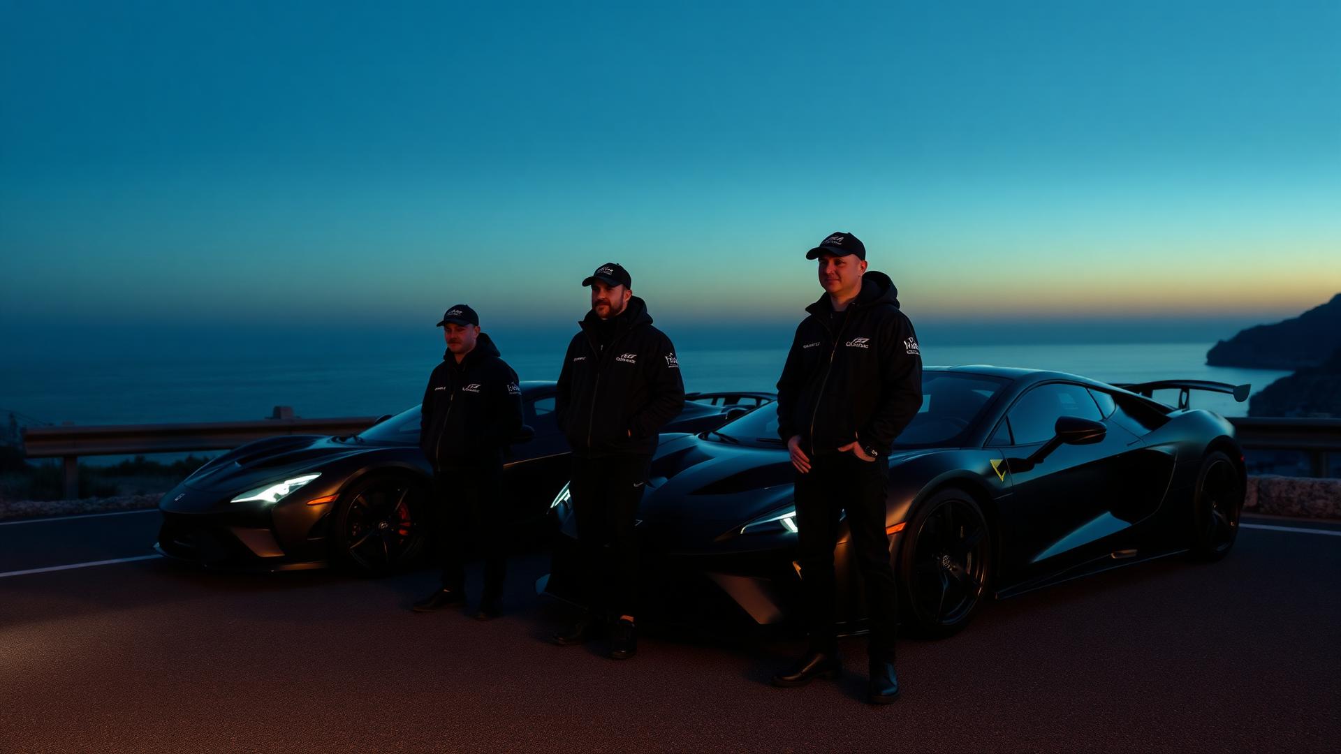 ARETECTE crew wearing the Road to St. Tropez collection at dusk
